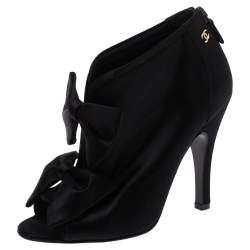 Chanel Black Satin CC Bow Peep Toe Booties Size 36
