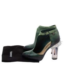 Chanel Ombre Green Leather Crystal Heels Half D'orsay Ankle Boots Size 36