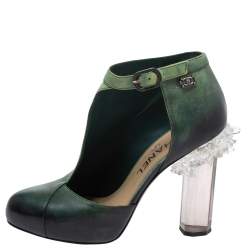 Chanel Ombre Green Leather Crystal Heels Half D'orsay Ankle Boots Size 36