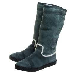 Chanel Teal Blue Suede Shearling Quilted CC Boots Size 39.5