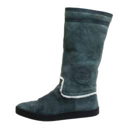 Chanel Teal Blue Suede Shearling Quilted CC Boots Size 39.5