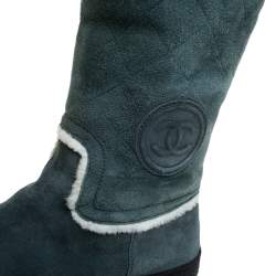 Chanel Teal Blue Suede Shearling Quilted CC Boots Size 39.5