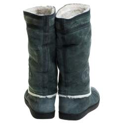 Chanel Teal Blue Suede Shearling Quilted CC Boots Size 39.5