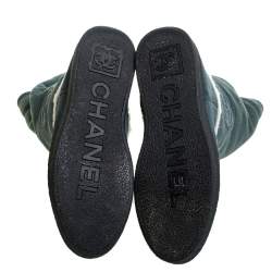 Chanel Teal Blue Suede Shearling Quilted CC Boots Size 39.5