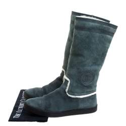 Chanel Teal Blue Suede Shearling Quilted CC Boots Size 39.5