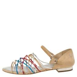مملوكة مسبقًا Chanel Beige Suede and Leather Strappy Ankle Strap Flat Sandals Size 38