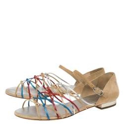 مملوكة مسبقًا Chanel Beige Suede and Leather Strappy Ankle Strap Flat Sandals Size 38