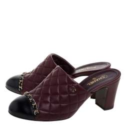 Chanel Burgundy Quilted Leather Chain Link Mule Sandals Size 37.5