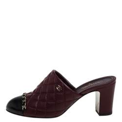Chanel Burgundy Quilted Leather Chain Link Mule Sandals Size 37.5