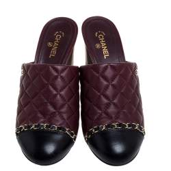 Chanel Burgundy Quilted Leather Chain Link Mule Sandals Size 37.5