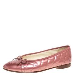 Pre Owned Chanel Pink Patent Quilted Leather CC Cap Toe Flats Size 37