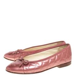 Pre Owned Chanel Pink Patent Quilted Leather CC Cap Toe Flats Size 37