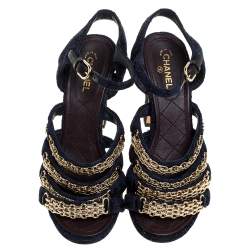 Chanel Blue Fabric Reissue Chain Ankle Strap Sandals Size 37