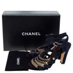 Chanel Blue Fabric Reissue Chain Ankle Strap Sandals Size 37