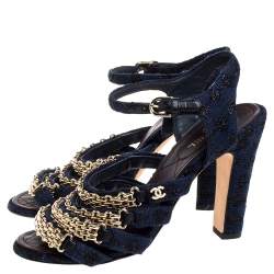 Chanel Blue Fabric Reissue Chain Ankle Strap Sandals Size 37