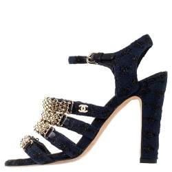 Chanel Blue Fabric Reissue Chain Ankle Strap Sandals Size 37