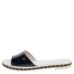 Pre Owned Chanel Navy Blue Patent Leather Chain Detail Slide Flat Sandals Size 39C