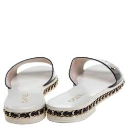 Pre Owned Chanel Navy Blue Patent Leather Chain Detail Slide Flat Sandals Size 39C