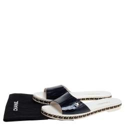 Pre Owned Chanel Navy Blue Patent Leather Chain Detail Slide Flat Sandals Size 39C