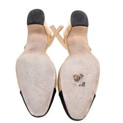 مملوكة مسبقًا Chanel Beige/Black Leather and Fabric Cap Toe Slingback Sandals Size 40.5