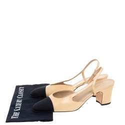 مملوكة مسبقًا Chanel Beige/Black Leather and Fabric Cap Toe Slingback Sandals Size 40.5