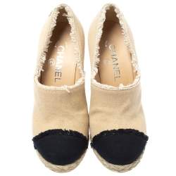 Chanel Beige/Black Canvas Cap Toe Espadrille Booties Size 37