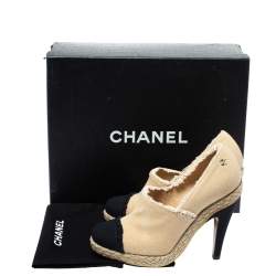 Chanel Beige/Black Canvas Cap Toe Espadrille Booties Size 37