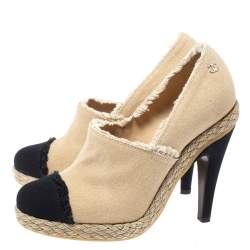 Chanel Beige/Black Canvas Cap Toe Espadrille Booties Size 37