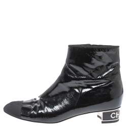 Chanel Black Patent Leather CC Cap Toe Zipper Ankle Boots Size 39