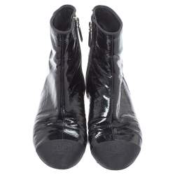 Chanel Black Patent Leather CC Cap Toe Zipper Ankle Boots Size 39