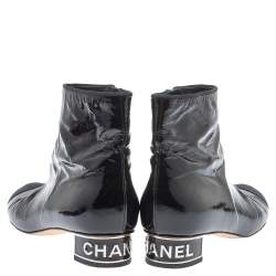 Chanel Black Patent Leather CC Cap Toe Zipper Ankle Boots Size 39