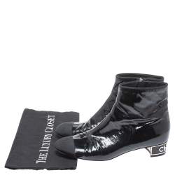 Chanel Black Patent Leather CC Cap Toe Zipper Ankle Boots Size 39