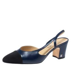 Chanel Blue Leather And Black Canvas CC Cap Toe Slingback