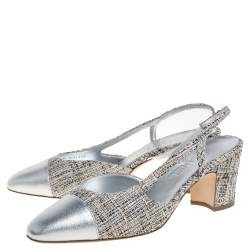 مملوكة مسبقًا Chanel Silver Leather And Tweed Fabric CC Block Heel Slingback Sandals Size 39.5