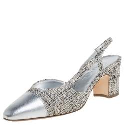 مملوكة مسبقًا Chanel Silver Leather And Tweed Fabric CC Block Heel Slingback Sandals Size 39.5