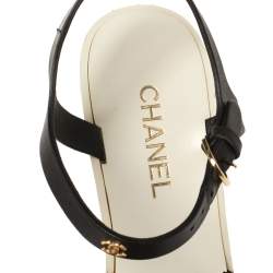 Pre Owned صندل شانيل وصلات سلسلة كعب روكي جلد أسود مقاس 38