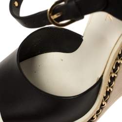 Pre Owned صندل شانيل وصلات سلسلة كعب روكي جلد أسود مقاس 38