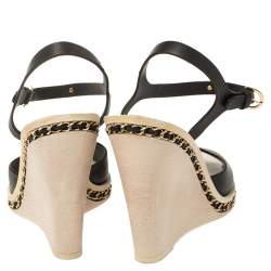 Pre Owned صندل شانيل وصلات سلسلة كعب روكي جلد أسود مقاس 38