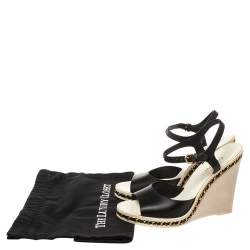 Pre Owned صندل شانيل وصلات سلسلة كعب روكي جلد أسود مقاس 38