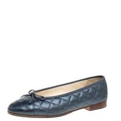 Chanel Metallic Grey Quilted Caviar Leather CC Bow Cap Toe Ballet