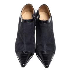 Chanel Black Suede and Leather CC Pointed Toe Ankle Booties Size 39