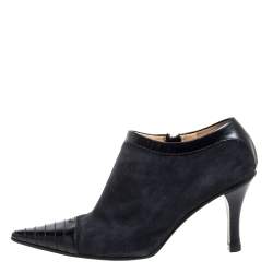 Chanel Black Suede and Leather CC Pointed Toe Ankle Booties Size 39
