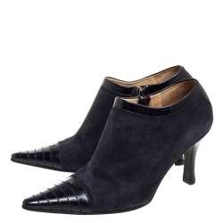 Chanel Black Suede and Leather CC Pointed Toe Ankle Booties Size 39
