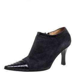 Chanel Black Suede and Leather CC Pointed Toe Ankle Booties Size 39