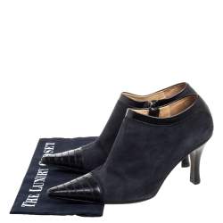 Chanel Black Suede and Leather CC Pointed Toe Ankle Booties Size 39
