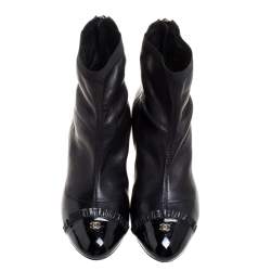 Pre Owned Chanel Black Leather And Patent Leather CC Cap Toe Ankle Boots Size 40