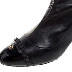 Pre Owned Chanel Black Leather And Patent Leather CC Cap Toe Ankle Boots Size 40