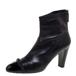 Pre Owned Chanel Black Leather And Patent Leather CC Cap Toe Ankle Boots Size 40
