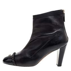 Pre Owned Chanel Black Leather And Patent Leather CC Cap Toe Ankle Boots Size 40