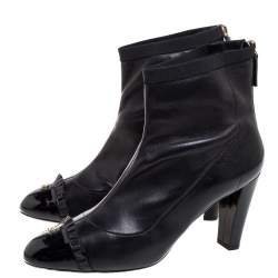 Pre Owned Chanel Black Leather And Patent Leather CC Cap Toe Ankle Boots Size 40